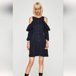 Zara Navy Cold Shoulder Button Down Shirt Dress Size Small